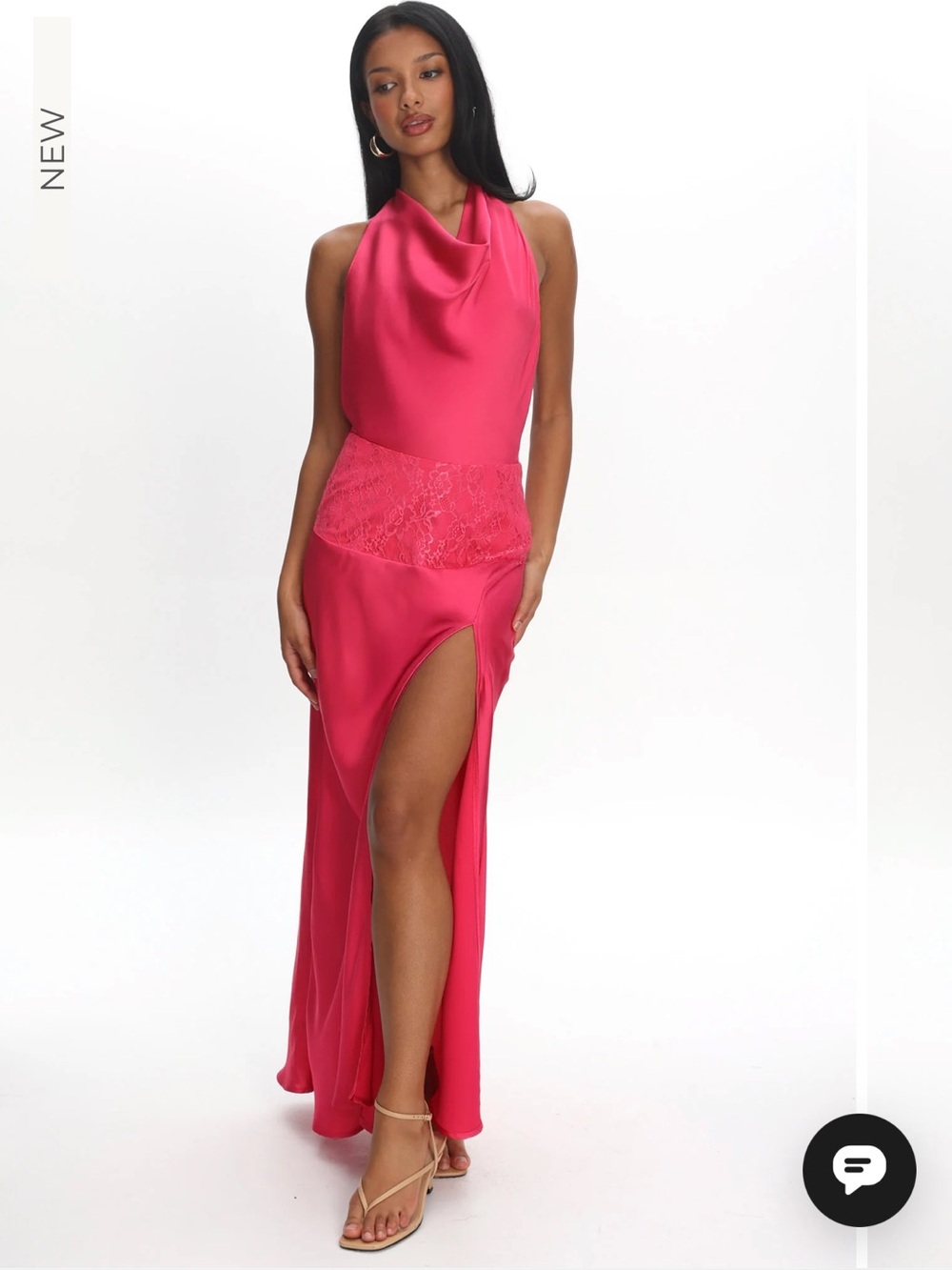 Selfie Leslie Pink Satin Halter Maxi Dress with Lace Waist